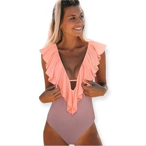 Sporlike One Piece V-Neck Ruffle Pink Swimsuit